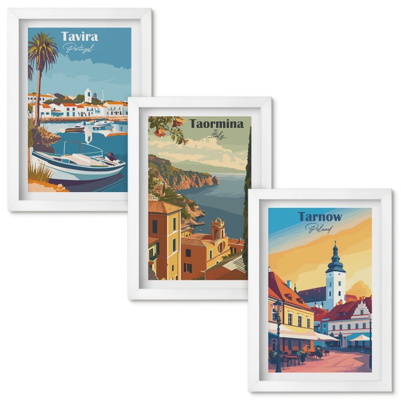 Zestaw obrazów Wallfluent Widoki nadmorskich miast Biała rama 20x30cm 3 szt.