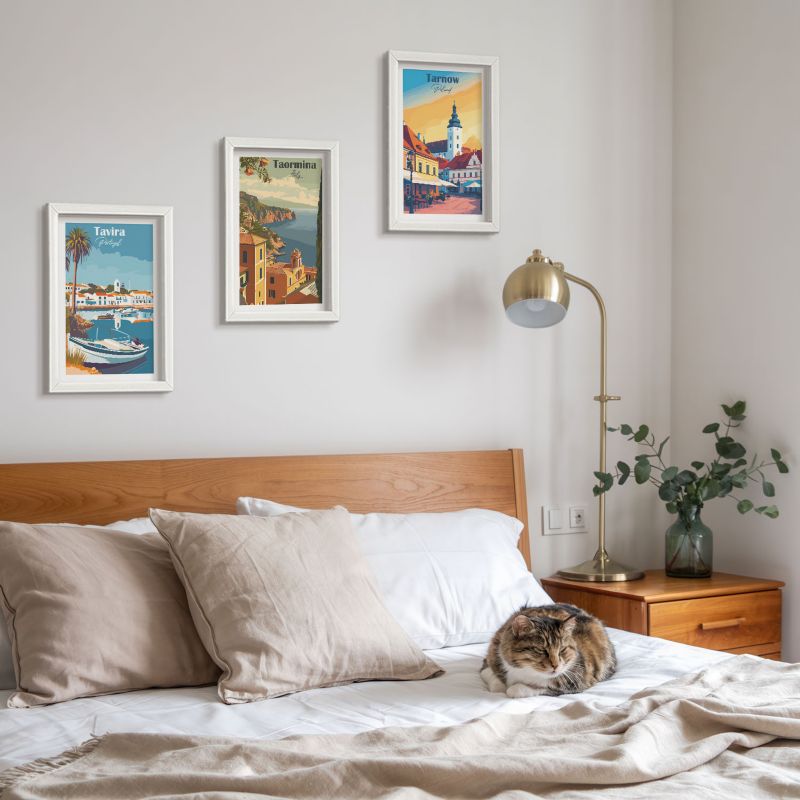 Zestaw obrazów Wallfluent Widoki nadmorskich miast Biała rama 20x30cm 3 szt.