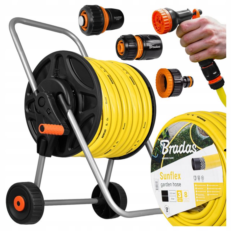 Zestaw ogrodowy BRADAS: wąż SUNFLEX 1/2" 30m, wózek, pistolet zraszający, złącza, kolor żółty 1kpl.