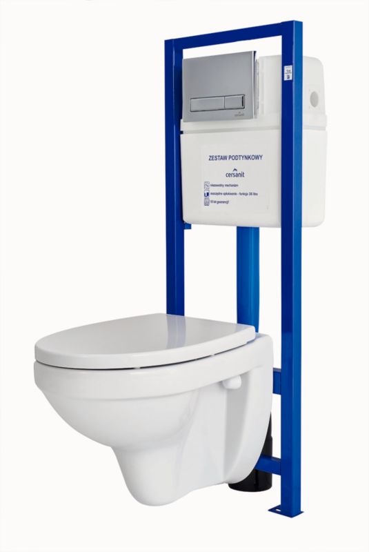 Zestaw podtynkowy WC Cersanit Inteo z deską wolnoopadającą przycisk niebiesko-biały