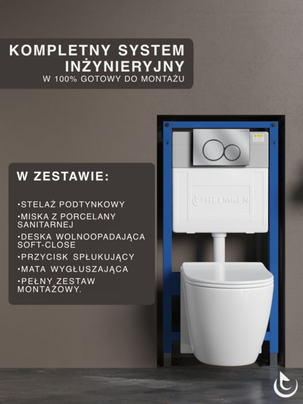Zestaw podtynkowy WC Helmken 5w1: Przycisk Satyna (E), Miska bezkołnierzowa Rimless 35490101, Deska wolnoopadająca, Mata, 1 szt