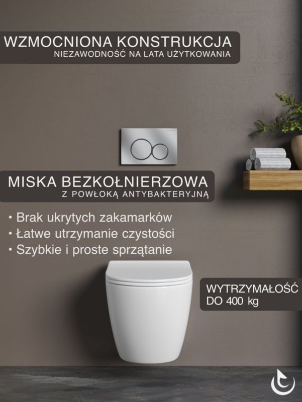 Zestaw podtynkowy WC Helmken 5w1: Przycisk Satyna (E), Miska bezkołnierzowa Rimless 35490101, Deska wolnoopadająca, Mata, 1 szt