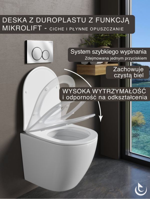 Zestaw podtynkowy WC Helmken 5w1: Przycisk Satyna (E), Miska bezkołnierzowa Rimless 35490101, Deska wolnoopadająca, Mata, 1 szt
