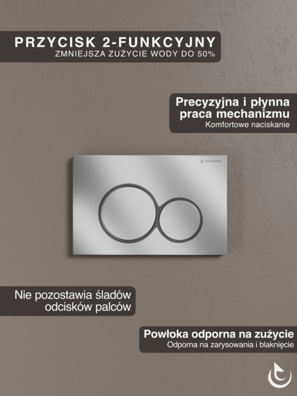 Zestaw podtynkowy WC Helmken 5w1: Przycisk Satyna (E), Miska bezkołnierzowa Rimless 35490101, Deska wolnoopadająca, Mata, 1 szt