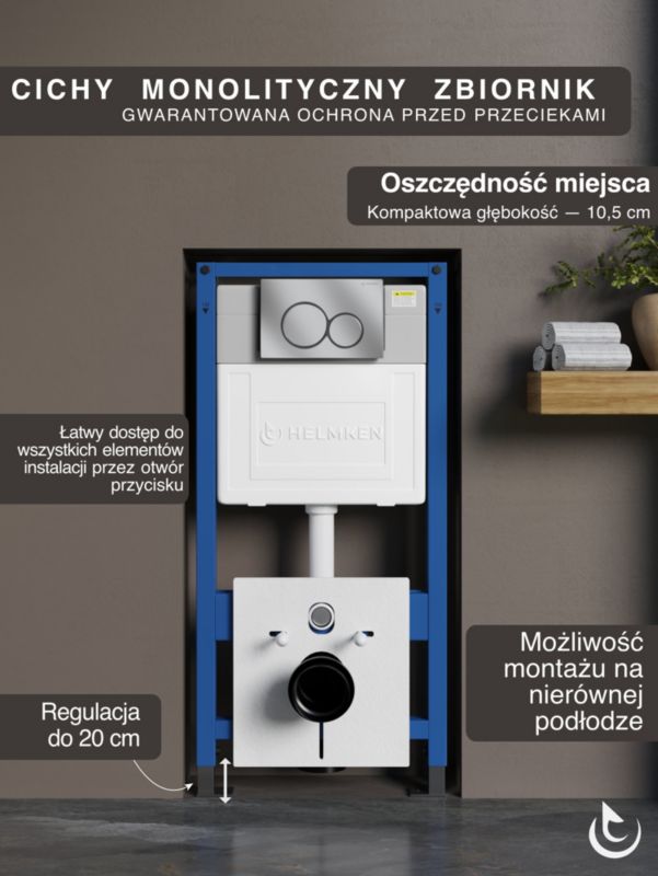 Zestaw podtynkowy WC Helmken 5w1: Przycisk Satyna (E), Miska bezkołnierzowa Rimless 35490101, Deska wolnoopadająca, Mata, 1 szt