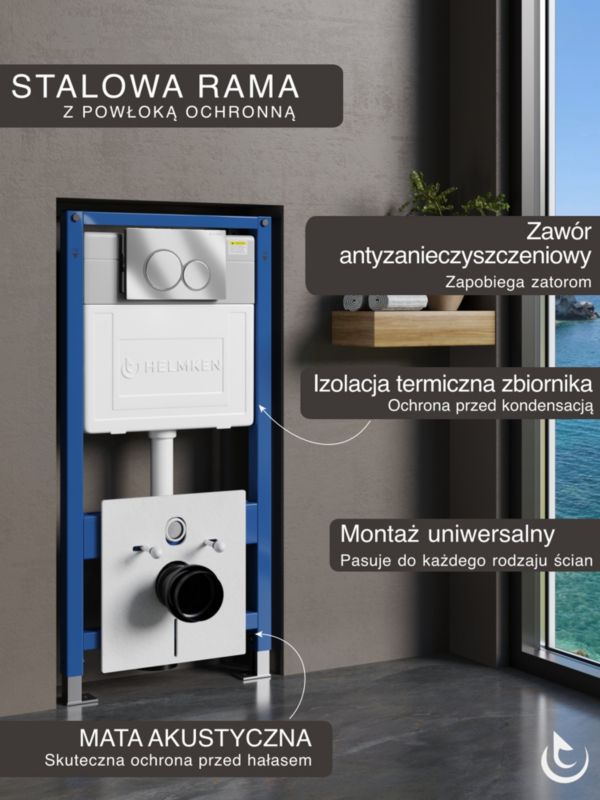 Zestaw podtynkowy WC Helmken 5w1: Przycisk Satyna (E), Miska bezkołnierzowa Rimless 35490101, Deska wolnoopadająca, Mata, 1 szt