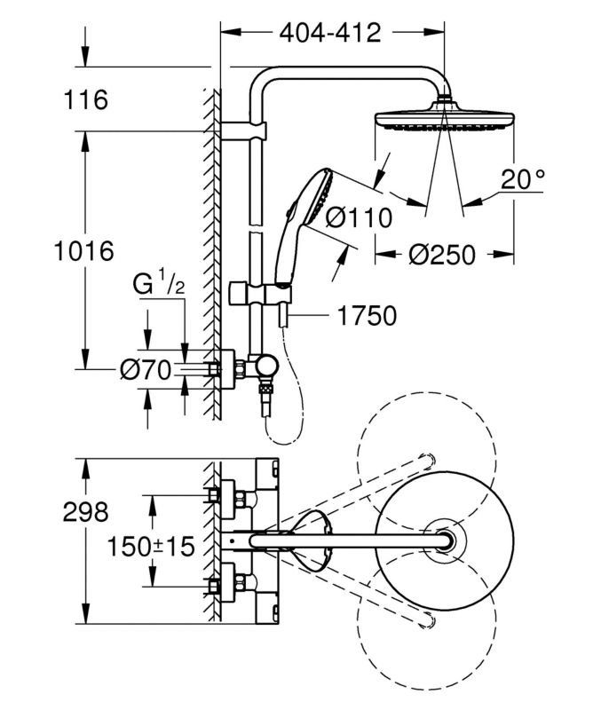 Zestaw prysznicowy ścienny Grohe Vitalio Start System 250 termostatyczny czarny mat z deszczownicą 1 szt.
