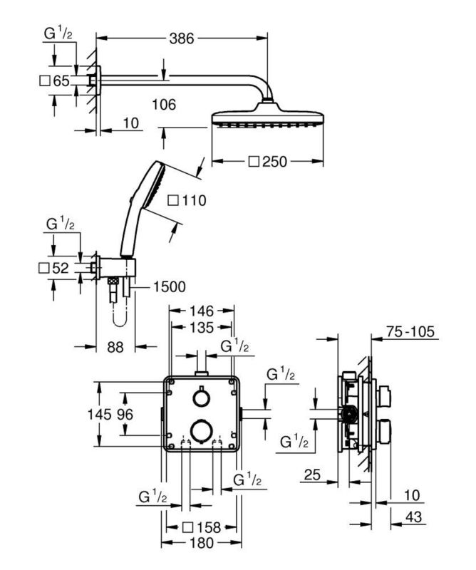 Zestaw prysznicowy podtynkowy Grohe Vitalio Comfort, czarny mat, termostat, z deszczownicą, 1 szt.