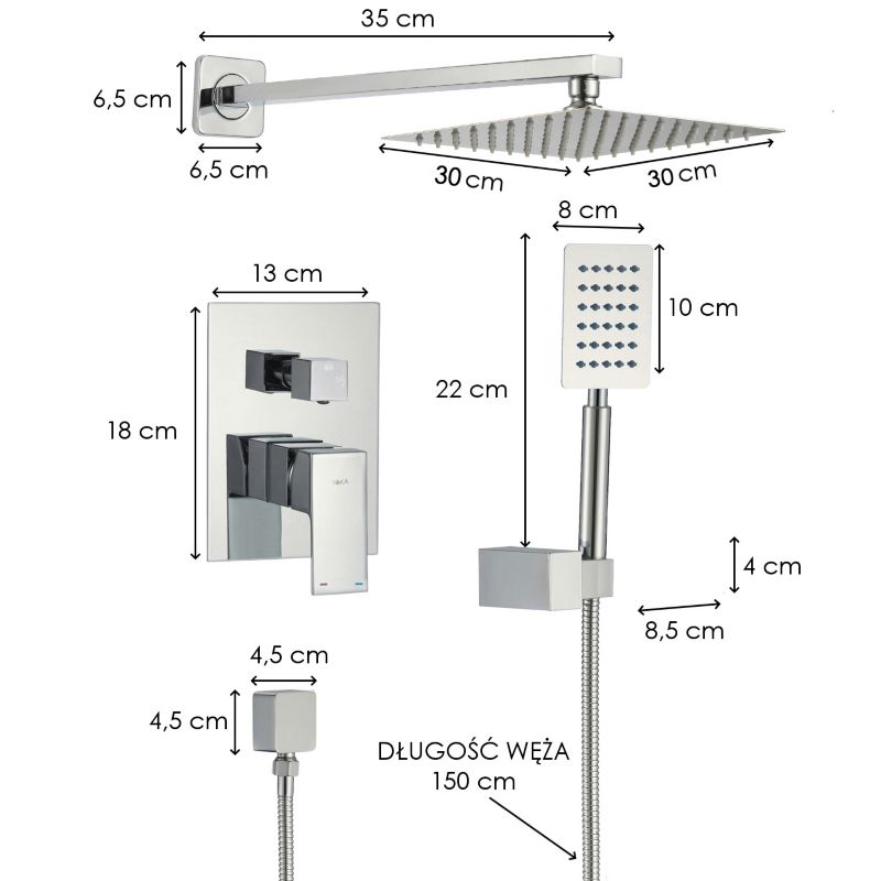 Zestaw prysznicowy Yoka Home DUAL30 podtynkowy panel bateria chrom z deszczownicą 30 cm 1 szt.