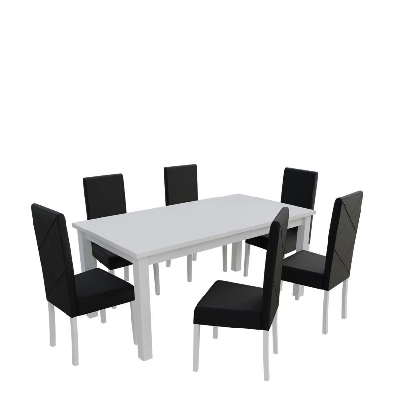 Zestaw RO13 MIRJAN 24 Stół rozkładany S18-L 80x160/200 + 6 krzeseł K02 biały + czarna ekoskóra 1 kpl.