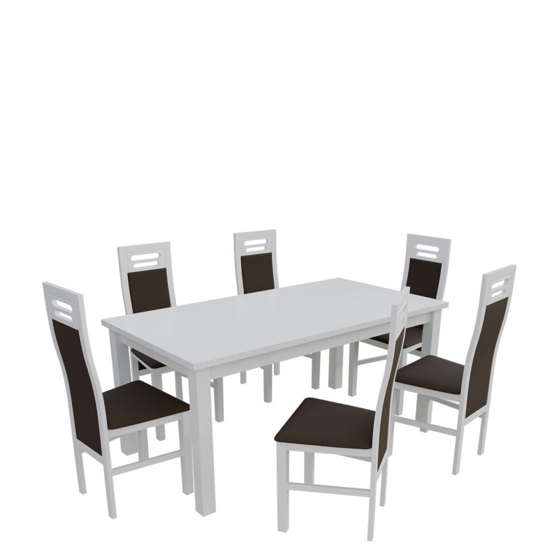 Zestaw RO22 MIRJAN 24 Stół rozkładany S18-L 80x160/200 + 6 krzeseł K65 biały + gorzka czekolada 1 kpl.