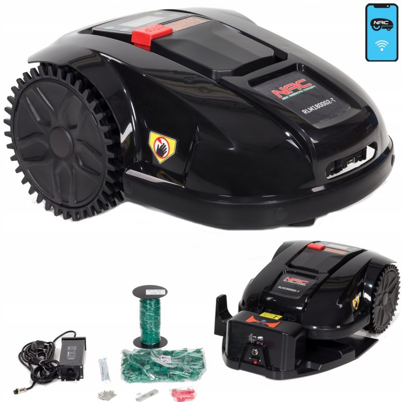 Zestaw robot koszący NAC 1800 m2 sterowanie smartfonem szerokość koszenia 21 cm silnik bezszczotkowy 29,4 V 4,4 Ah 1 kpl.