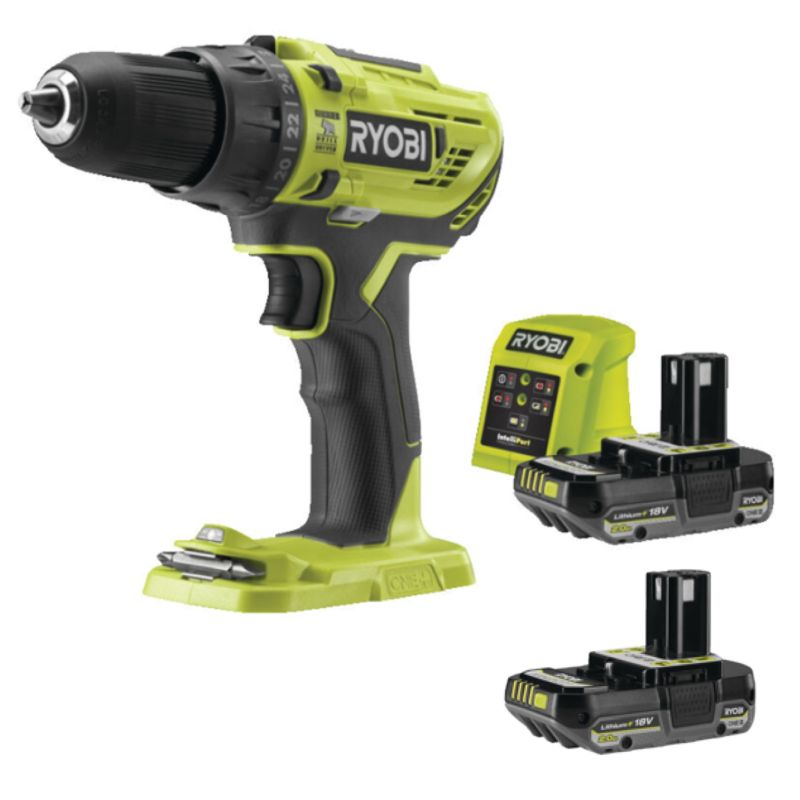 Zestaw RYOBI wiertarko-wkrętarka z funkcją udaru 18V, 2x akumulator 2,0 Ah,  ładowarka 1 kpl.