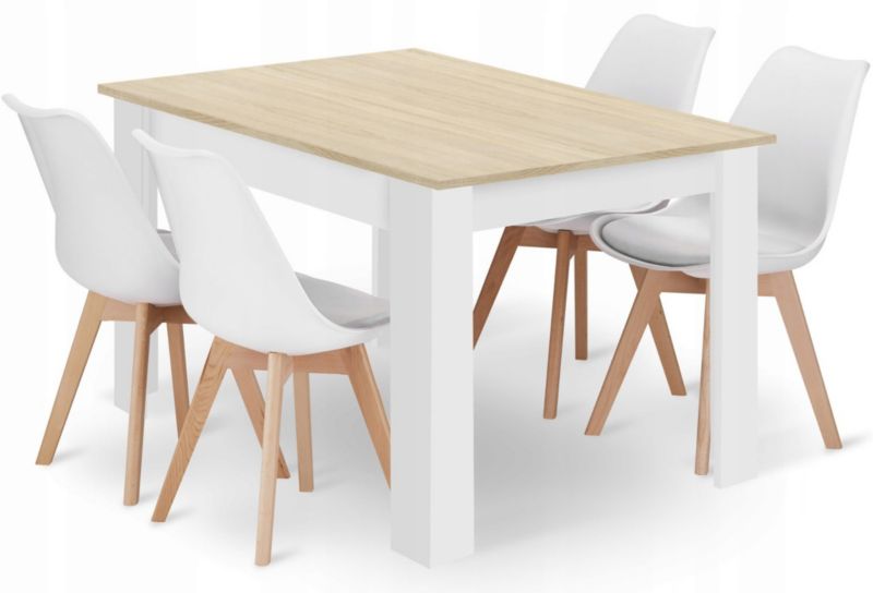 Zestaw Songmics stół kwadratowy 120x80cm dąb sonoma białe nogi + 4 krzesła białe 1 kpl.