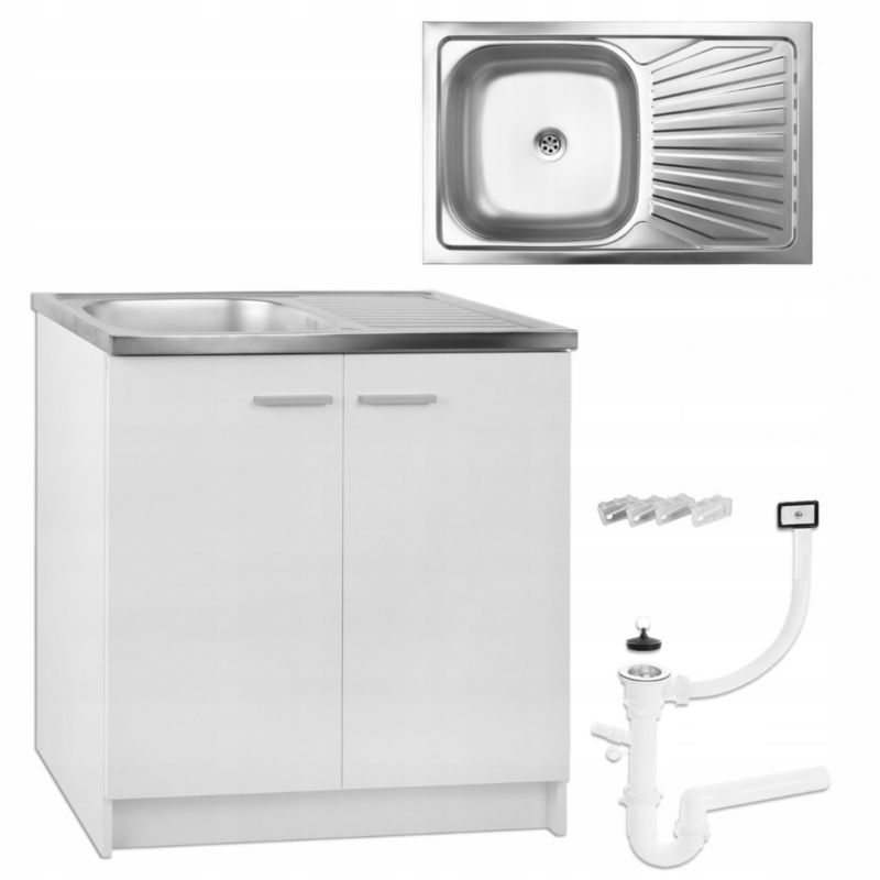 Zestaw Stamar Biała Szafka Kuchenna 800x500 mm Stojąca + Zlewozmywak+ Syfon + Mocowania 1 szt