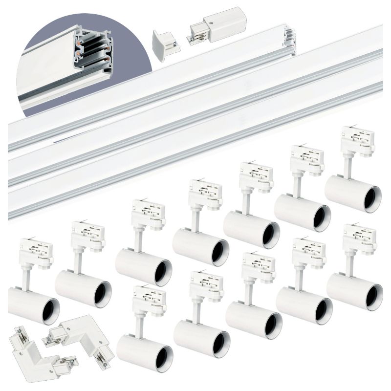 3-fázová kolejnicová sada Kobi 1m+2m+2m, 12x lampa, 2x L konektor, bílá, 1 sada.