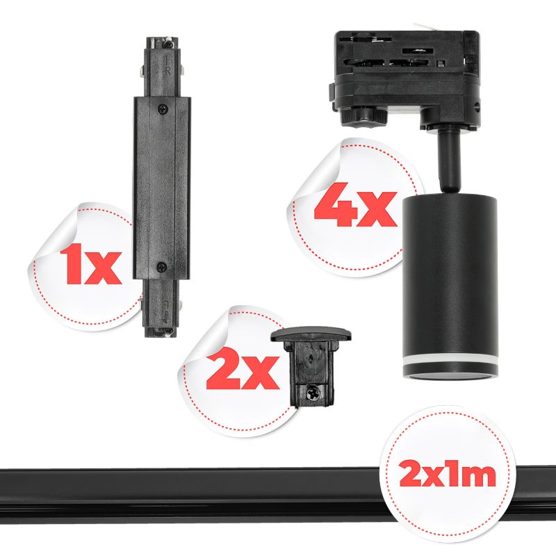 Kobi 3-fázová lišta sada 4x lampa GU10 + 2x lišta 1m + konektor I, černá, 1 sada.