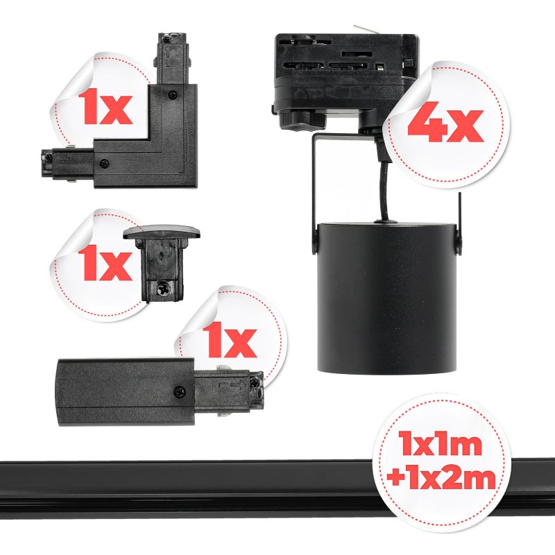 3-fázová lišta sada Kobi 4x reflektor GU10 + lišta 1m+2m + černý L konektor, 1 sada.