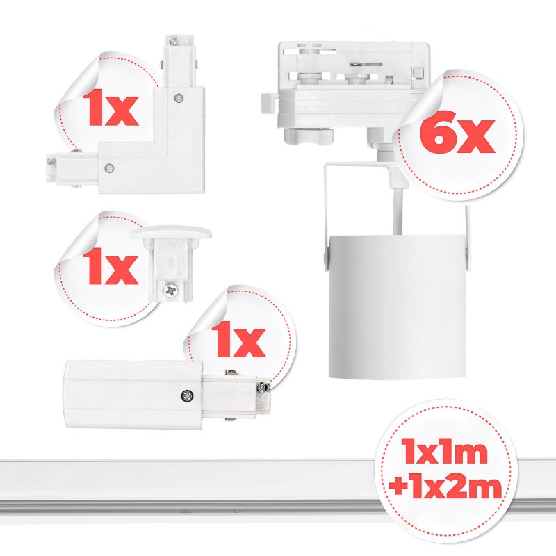 Kobi 3-fázová lišta sada 6x reflektor GU10 + 1m+2m lišta + L konektor, bílá, 1 sada.
