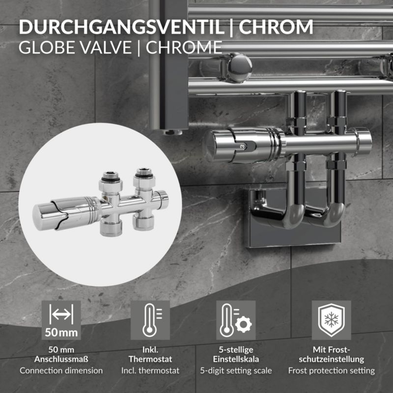 Zestaw termostatyczny ECD Germany zawory multiblock 50 mm cromato komplet podłączeniowy prosty przelotowy do kaloryfera 1 szt