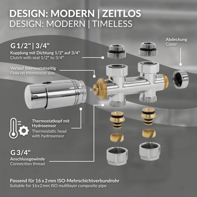 Zestaw termostatyczny ECD Germany zawory multiblock 50 mm cromato komplet podłączeniowy prosty przelotowy do kaloryfera 1 szt