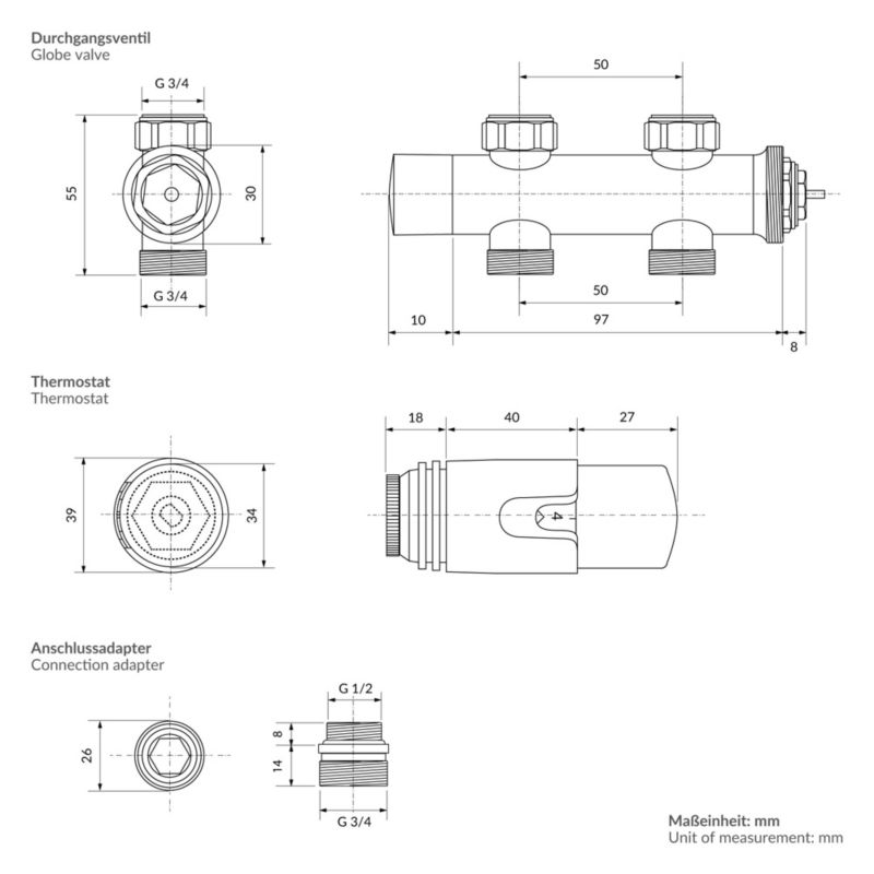 Zestaw termostatyczny ECD Germany zawory multiblock 50 mm cromato komplet podłączeniowy prosty przelotowy do kaloryfera 1 szt