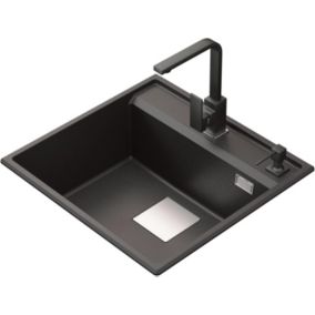 Zestaw zlewozmywak granitowy GranMaster Qube 530x500x209 mm, bateria kuchenna, dozownik do mydła i odpływ czarny metalik 1 szt.