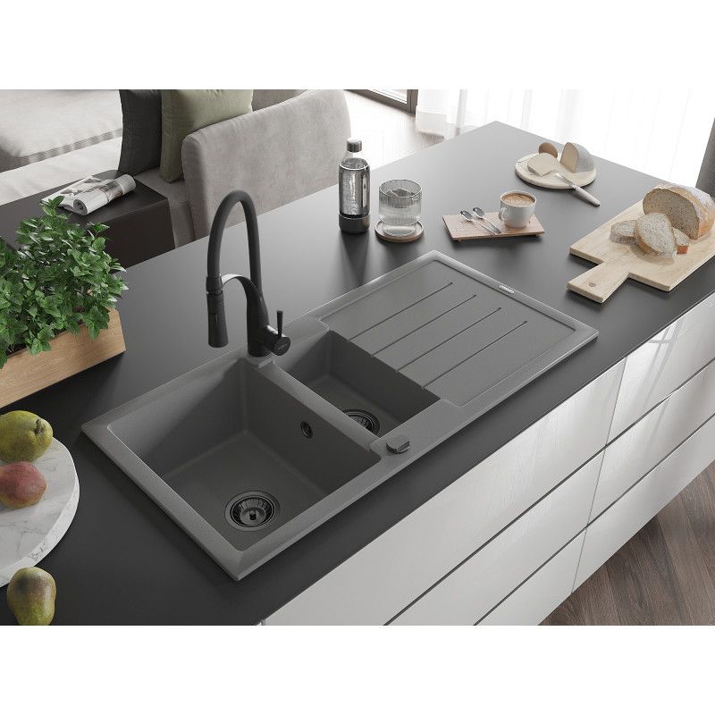 Zlewozmywak granitowy 1.5-komorowy Mexen Andres z ociekaczem i baterią kuchenną Carla czarny  - 6515-77-670700-50-B 1 szt.