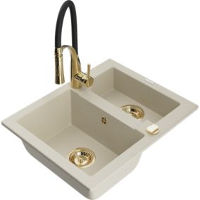 Zlewozmywak granitowy 1.5-komorowy Mexen Carlos z baterią kuchenną Aster beżowy  6518-69-73450-57-G