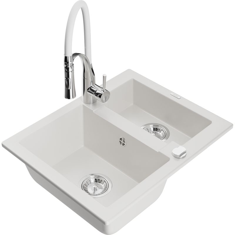 Zlewozmywak granitowy 1.5-komorowy Mexen Carlos z baterią kuchenną Aster biały  6518-20-73450-02