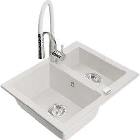 Zlewozmywak granitowy 1.5-komorowy Mexen Carlos z baterią kuchenną Aster biały  6518-20-73450-02