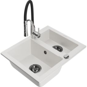 Zlewozmywak granitowy 1.5-komorowy Mexen Carlos z baterią kuchenną Aster biały  6518-20-73450-07-B