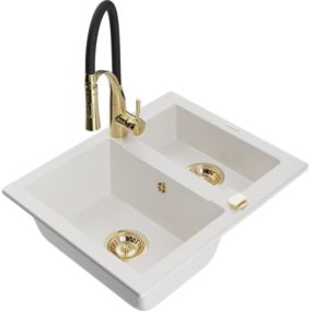 Zlewozmywak granitowy 1.5-komorowy Mexen Carlos z baterią kuchenną Aster biały  6518-20-73450-57-G