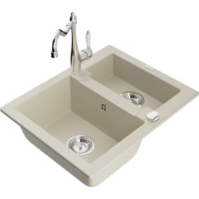 Zlewozmywak granitowy 1.5-komorowy Mexen Carlos z baterią kuchenną Carla beżowy  6518-69-670700-00