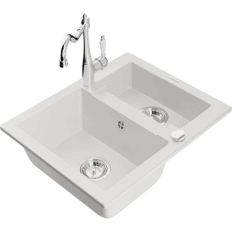 Zlewozmywak granitowy 1.5-komorowy Mexen Carlos z baterią kuchenną Carla biały  6518-20-670700-00