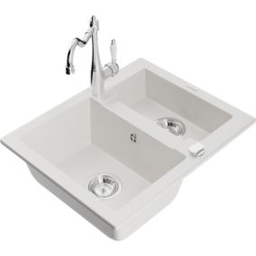 Zlewozmywak granitowy 1.5-komorowy Mexen Carlos z baterią kuchenną Carla biały  6518-20-670700-00