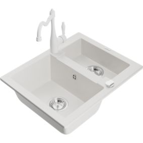 Zlewozmywak granitowy 1.5-komorowy Mexen Carlos z baterią kuchenną Carla biały  6518-20-670700-20