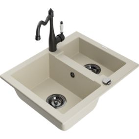Zlewozmywak granitowy 1.5-komorowy Mexen Carlos z baterią kuchenną Carla biały  - 6518-20-670700-70 1 szt.