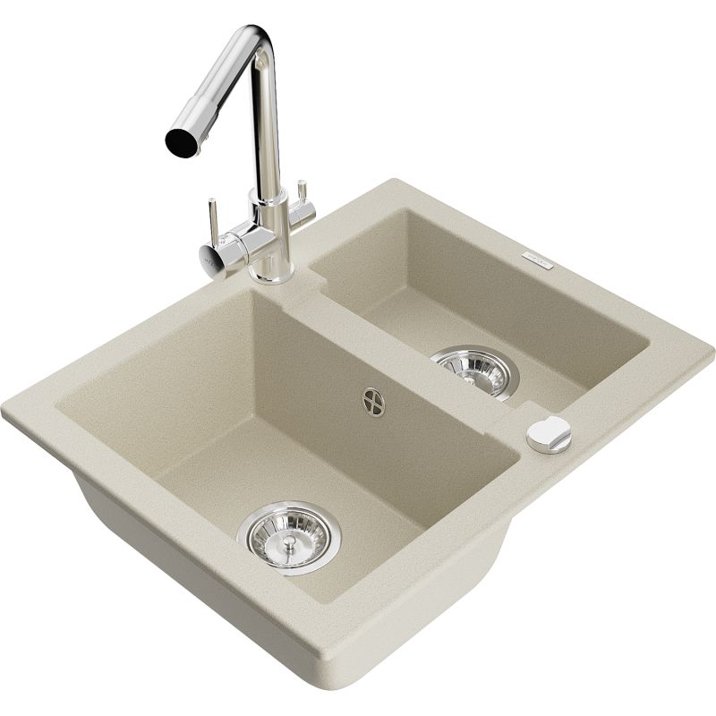 Zlewozmywak granitowy 1.5-komorowy Mexen Carlos z baterią kuchenną Duero beżowy  6518-69-671600-00