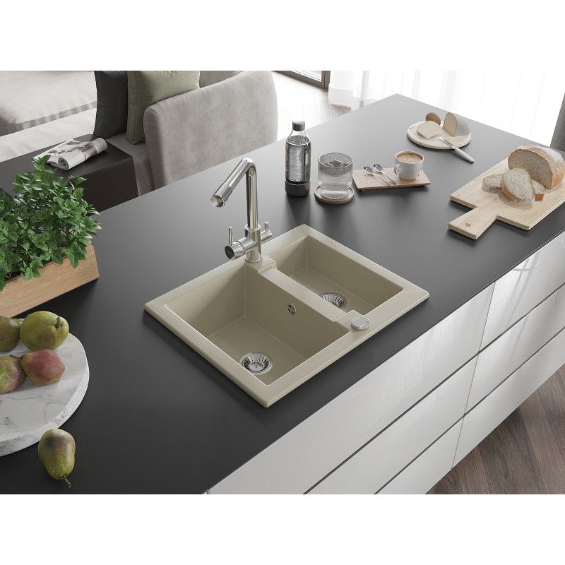 Zlewozmywak granitowy 1.5-komorowy Mexen Carlos z baterią kuchenną Duero beżowy  6518-69-671600-00