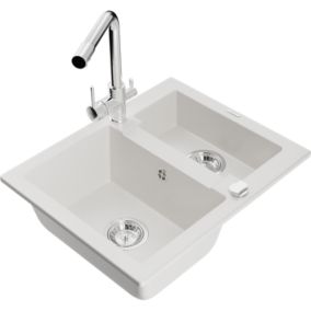 Zlewozmywak granitowy 1.5-komorowy Mexen Carlos z baterią kuchenną Duero biały  6518-20-671600-00