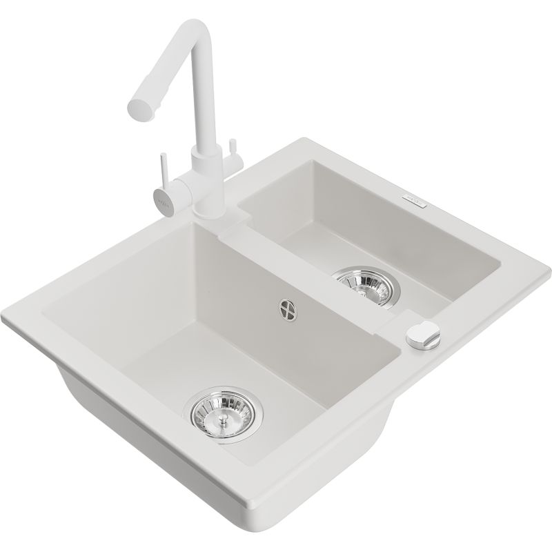 Zlewozmywak granitowy 1.5-komorowy Mexen Carlos z baterią kuchenną Duero biały  6518-20-671600-20