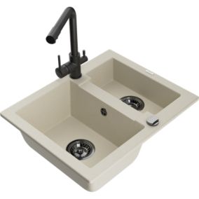 Zlewozmywak granitowy 1.5-komorowy Mexen Carlos z baterią kuchenną Duero biały  - 6518-20-671600-70 1 szt.