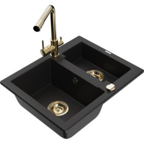 Zlewozmywak granitowy 1.5-komorowy Mexen Carlos z baterią kuchenną Duero czarny  6518-77-671600-50
