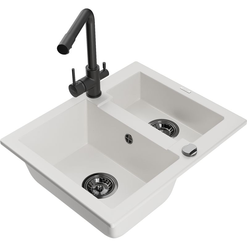 Zlewozmywak granitowy 1.5-komorowy Mexen Carlos z baterią kuchenną Duero czarny  - 6518-77-671600-70-B 1 szt.