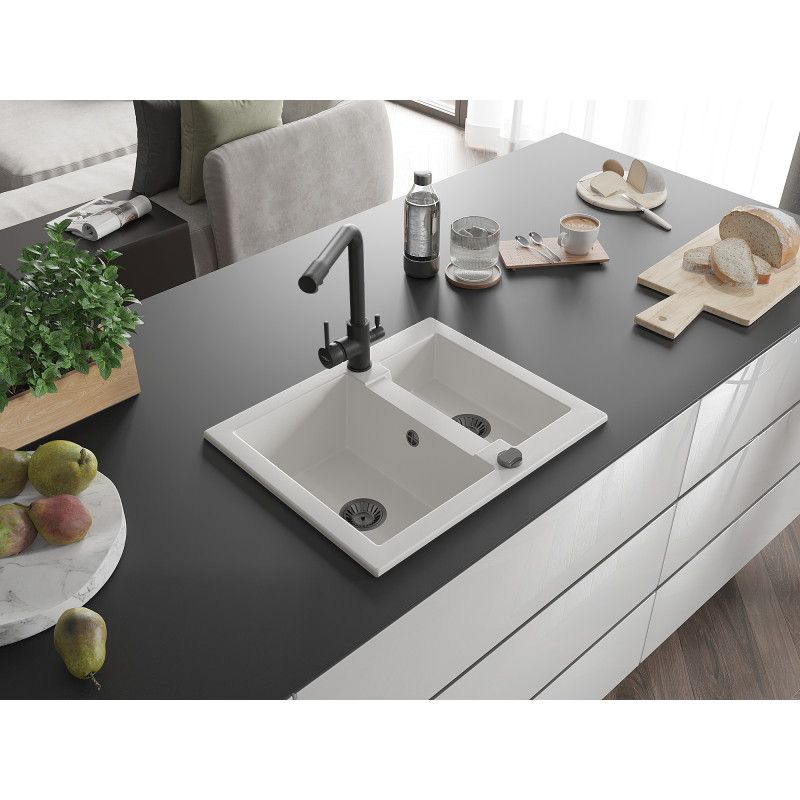 Zlewozmywak granitowy 1.5-komorowy Mexen Carlos z baterią kuchenną Duero czarny  - 6518-77-671600-70-B 1 szt.