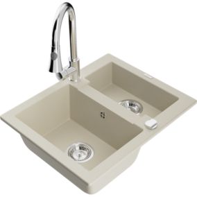 Zlewozmywak granitowy 1.5-komorowy Mexen Carlos z baterią kuchenną Elia beżowy  6518-69-670101-00