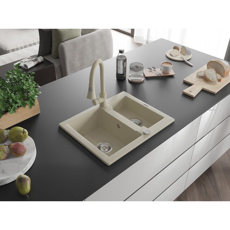 Zlewozmywak granitowy 1.5-komorowy Mexen Carlos z baterią kuchenną Elia beżowy  6518-69-670101-69