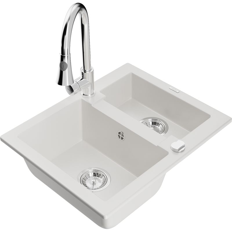 Zlewozmywak granitowy 1.5-komorowy Mexen Carlos z baterią kuchenną Elia biały  6518-20-670101-00