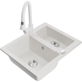 Zlewozmywak granitowy 1.5-komorowy Mexen Carlos z baterią kuchenną Elia biały  6518-20-670101-20
